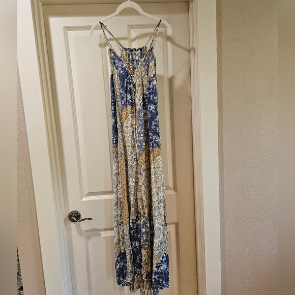 Free People Work Of Art Maxi Slip Dress V Neck Hi Lo Hem Floral Blue Cream M NWT - Picture 15 of 16